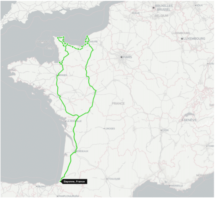 Carte d'un road trip en Normandie en van aménagé en partant de l'agence de location de Bayonne