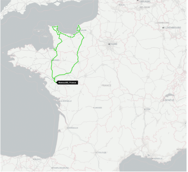Carte d'un road trip en Normandie en van aménagé en partant de l'agence de location de Nantes