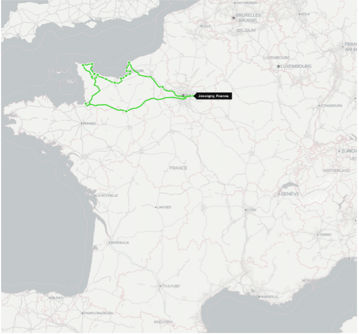 Carte d'un road trip en Normandie en van aménagé en partant de l'agence de location de Paris