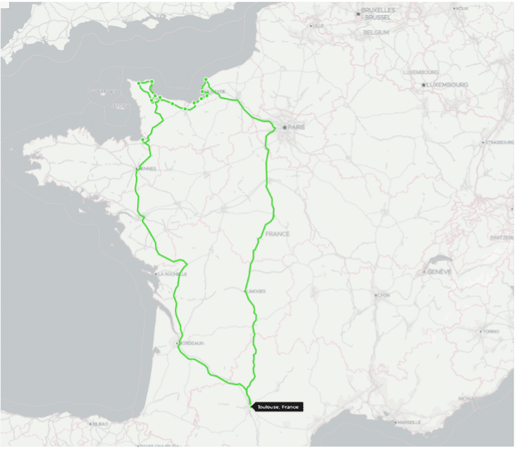 Carte d'un road trip en Normandie en van aménagé en partant de l'agence de location de Toulouse