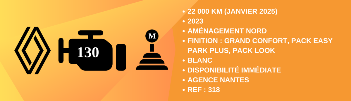 ref 318 renault, 130 ch, boite manuelle, 3 places, grand confort, pack easy park plus, pack look